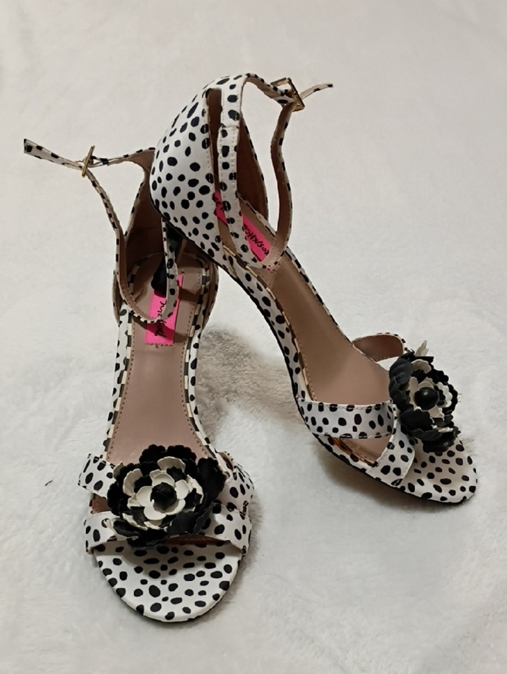 Betsey Johnson White and Black Polka Dot Ankle-Strap Heels with Floral Applique